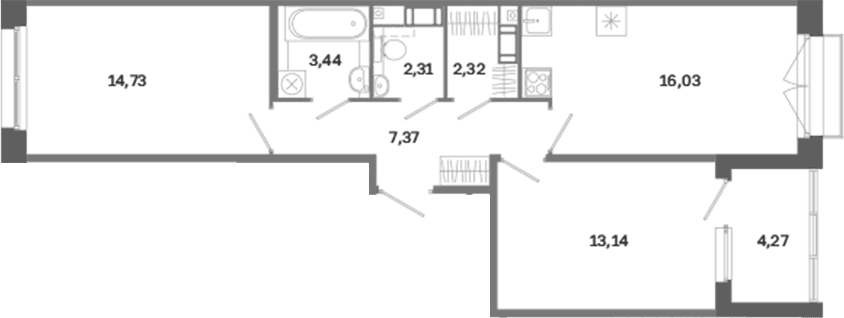 Планировка: 2-комнатная квартира 59,3 м² в ЖК «Дом на Курской»