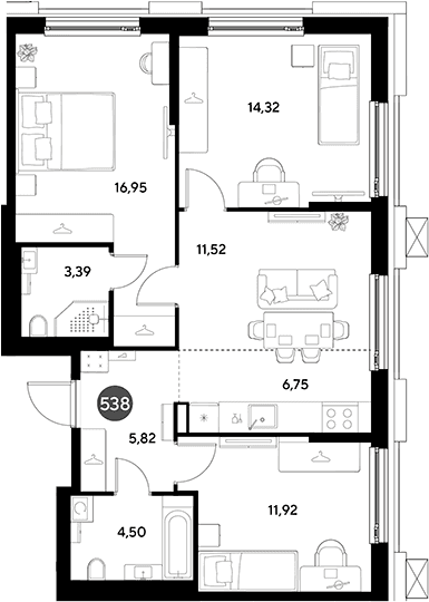Планировка: Квартира евро-4 75,2 м² в ЖК «ЭВО»