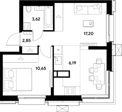 Планировка: 2-комнатная квартира 40,5 м² в ЖК «ЭВО»