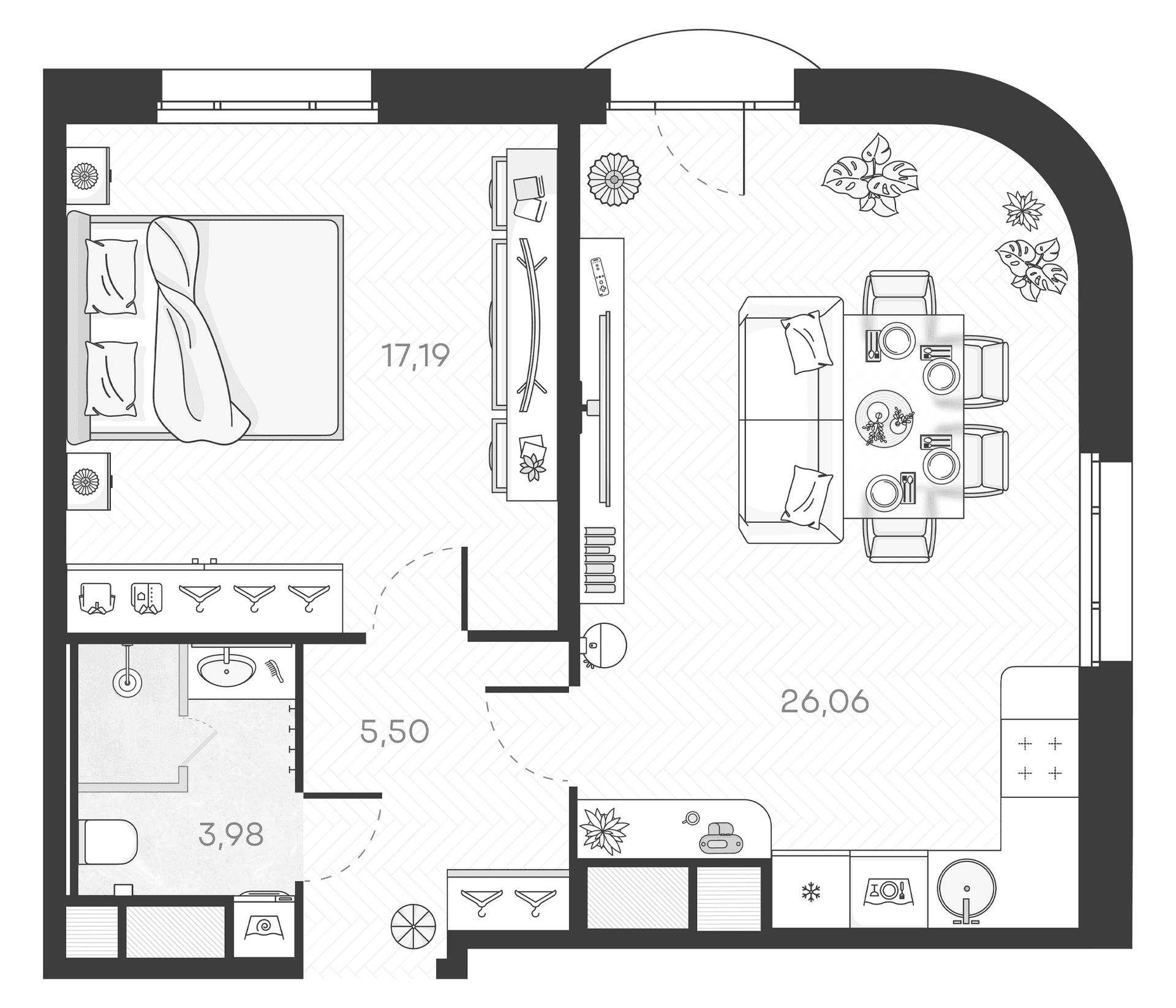 Планировка: Евродвушка 52,7 м² в ЖК «Monodom Art»