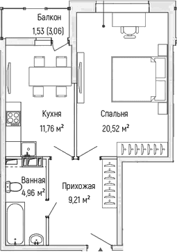 Планировка: 1-комнатная квартира 46,5 м² в ЖК «Рига Хиллс»