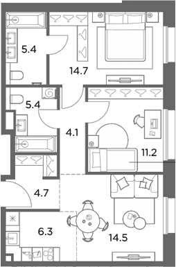 Планировка: Евротрёшка 66,3 м² в ЖК «Станиславский»