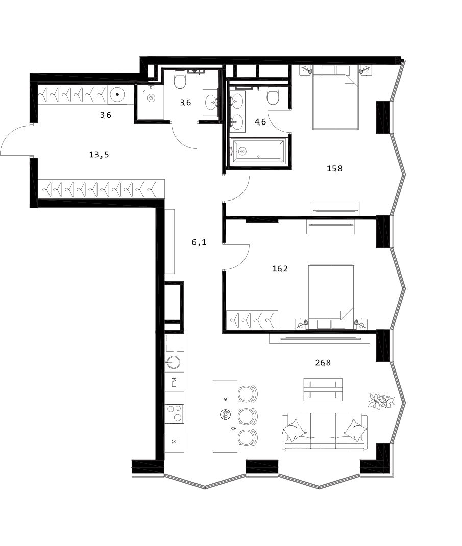 Планировка: Евротрёшка 90,2 м² в ЖК «A. Residence»