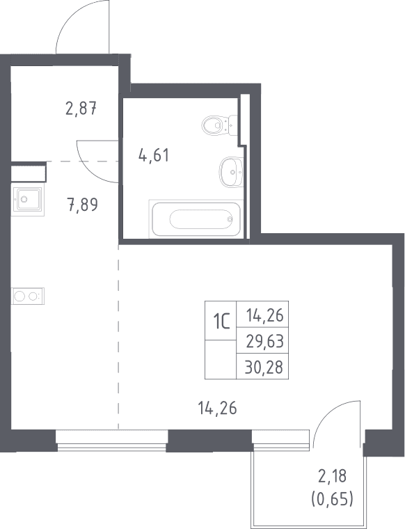 Планировка: Студия 29,6 м² в ЖК «Рублевский квартал»