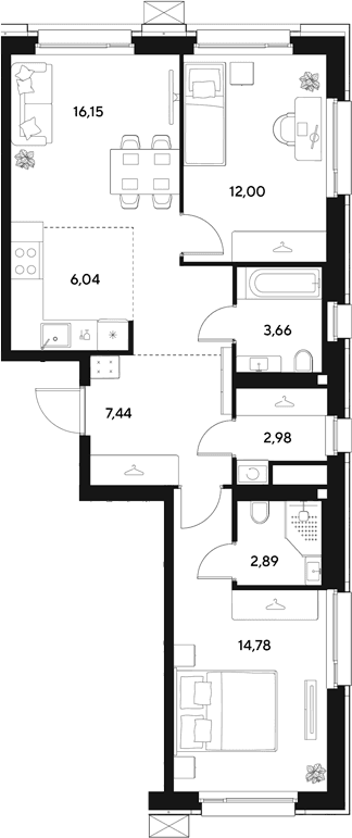 Планировка: Евротрёшка 65,9 м² в ЖК «ЭВО»