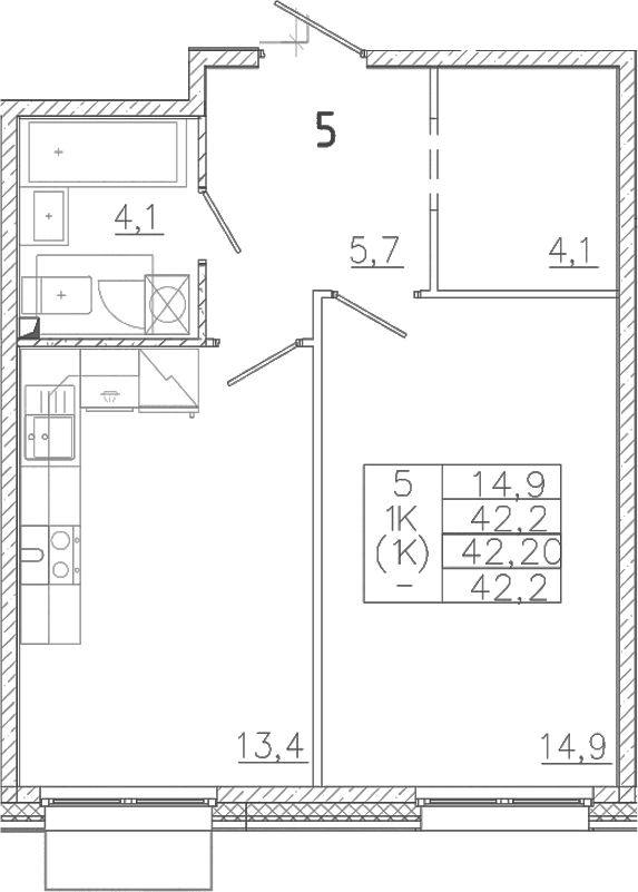 Планировка: 1-комнатная квартира 42,2 м² в ЖК «Лисино»