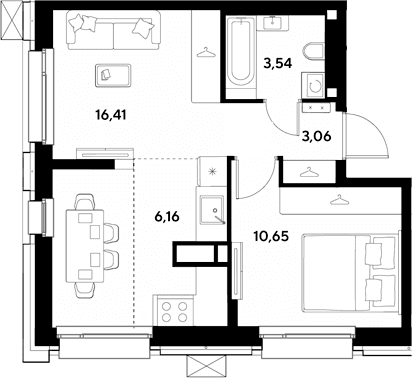 Планировка: 2-комнатная квартира 39,8 м² в ЖК «ЭВО»