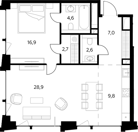 Планировка: Евродвушка 72,5 м² в ЖК «Монблан»