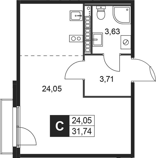 Планировка: Студия 31,4 м² в ЖК «Слобода»