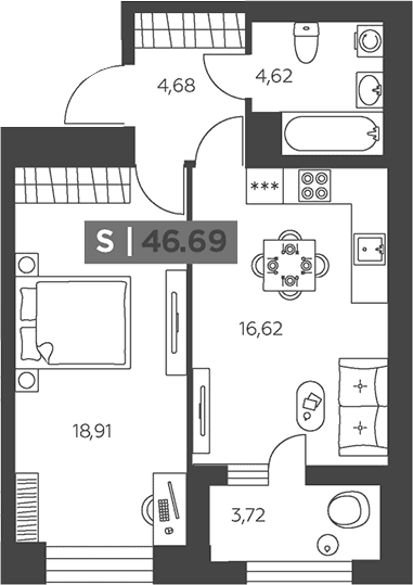 Планировка: Евродвушка 44,8 м² в ЖК «Аквилон Солар»