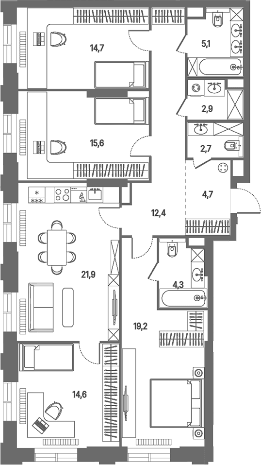 Планировка: Квартира евро-5 118,1 м² в ЖК «КОД Сокольники»