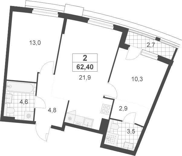 Планировка: Евротрёшка 61,1 м² в ЖК «Деснаречье»