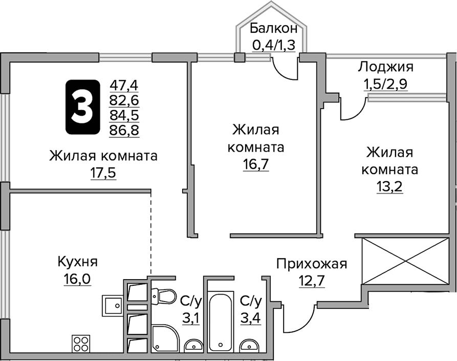 3-комнатная квартира