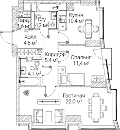 Планировка: 2-комнатная квартира 63,5 м² в ЖК «СЕЗАР БУДУЩЕЕ»