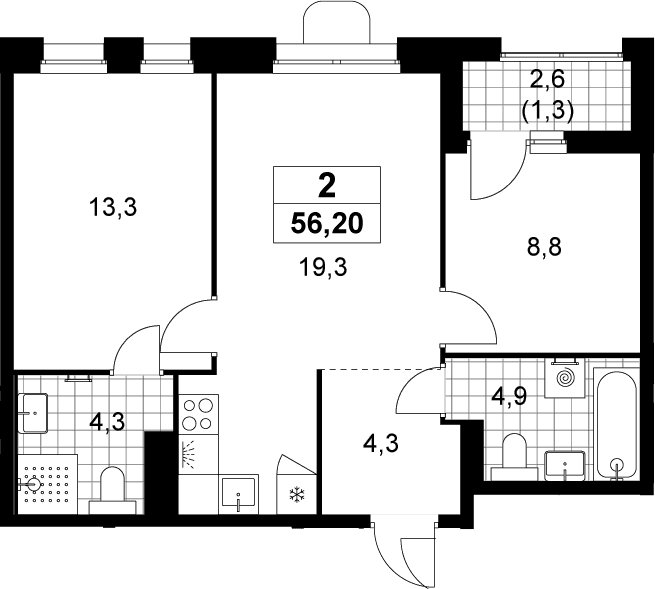 Планировка: Евротрёшка 54,9 м² в ЖК «Прокшино»