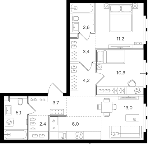Планировка: Евротрёшка 63,4 м² в ЖК «НАЗАРЕ»