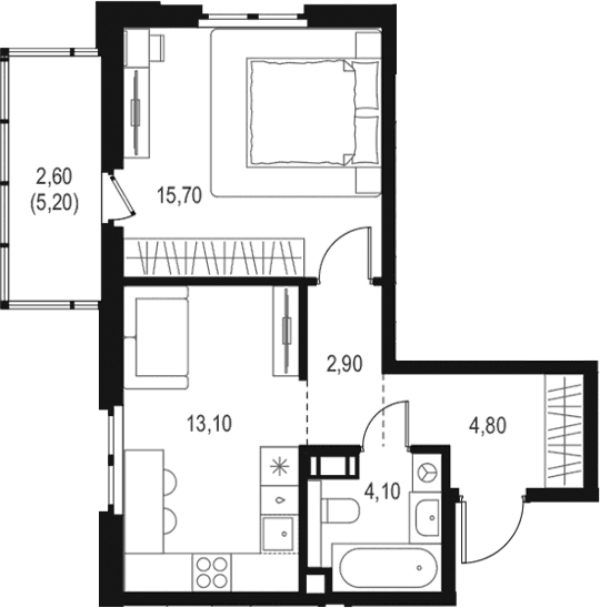 Планировка: Евродвушка 40,6 м² в ЖК «Левел Мечникова»