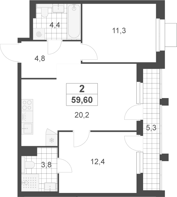 Планировка: Евротрёшка 56,9 м² в ЖК «Деснаречье»