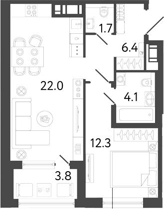 Планировка: Евродвушка 46,5 м² в ЖК «Передвижники 2»