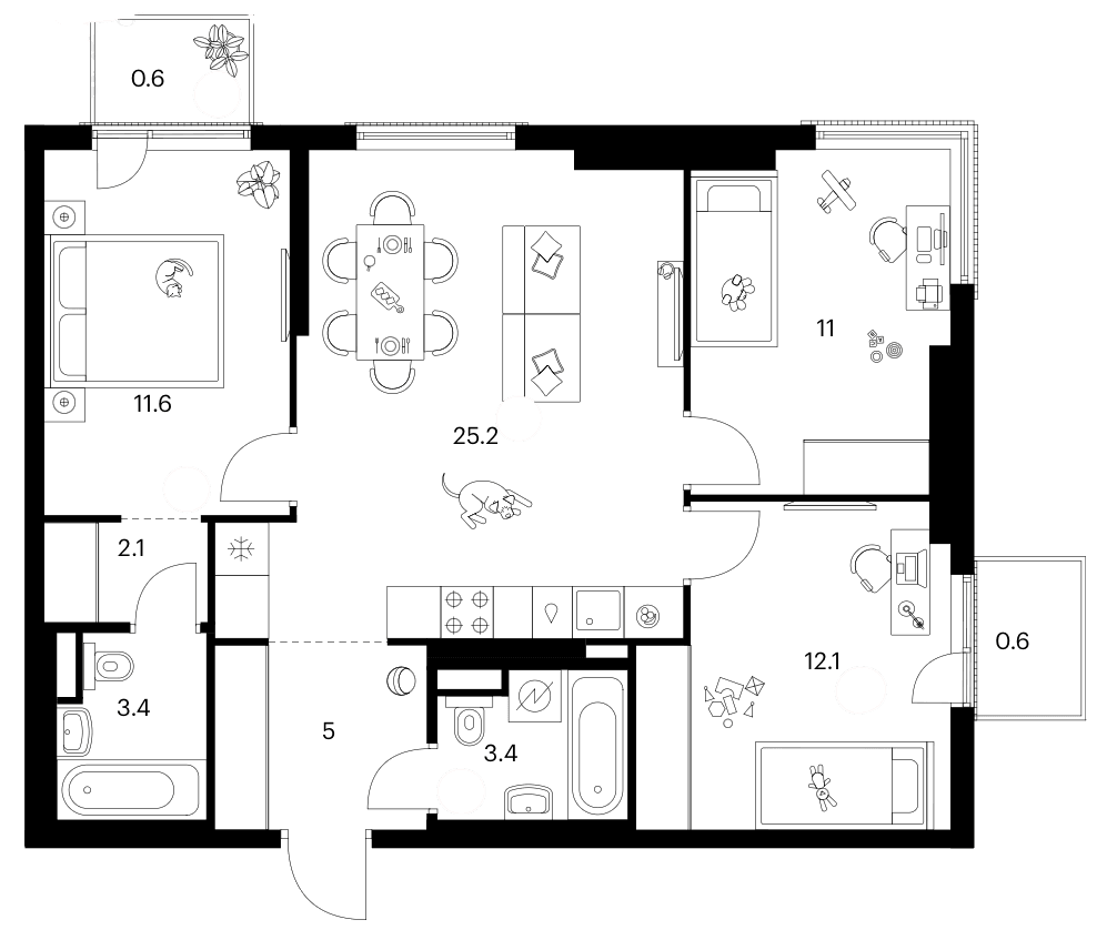 3-комнатная квартира
