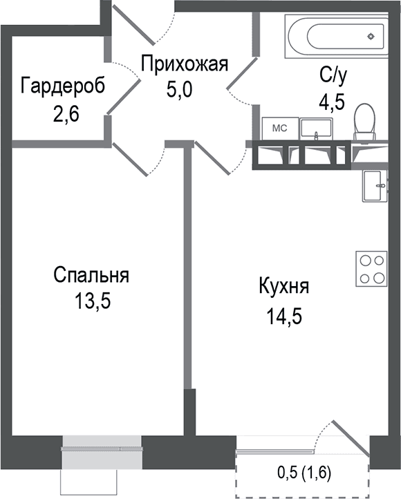 Планировка: 1-комнатная квартира 40,1 м² в ЖК «Киноквартал»