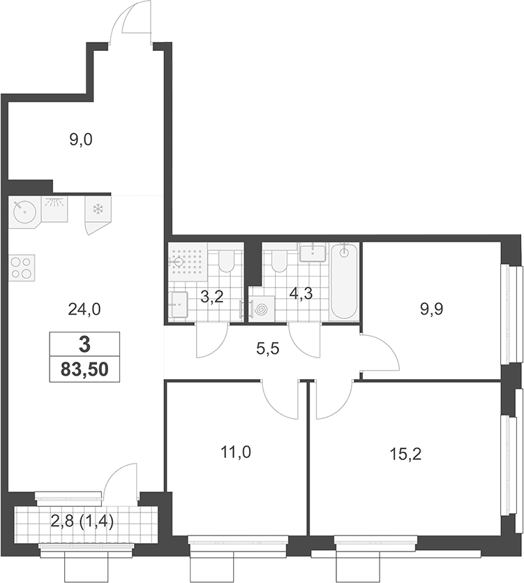 Планировка: Квартира евро-4 82,1 м² в ЖК «Южные сады»