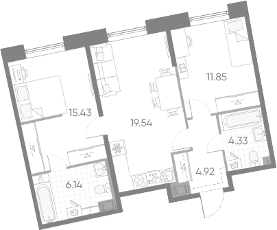 Планировка: Евротрёшка 62,2 м² в ЖК «Бульвар Грина»