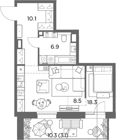 Планировка: Студия 43,8 м² в ЖК «Станиславский»