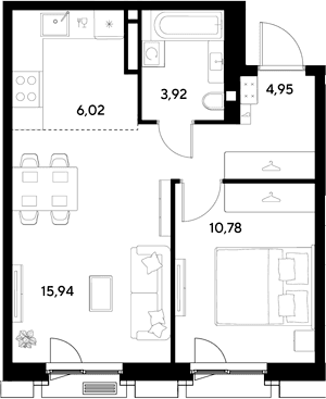 Планировка: Евродвушка 41,6 м² в ЖК «ЭВО»