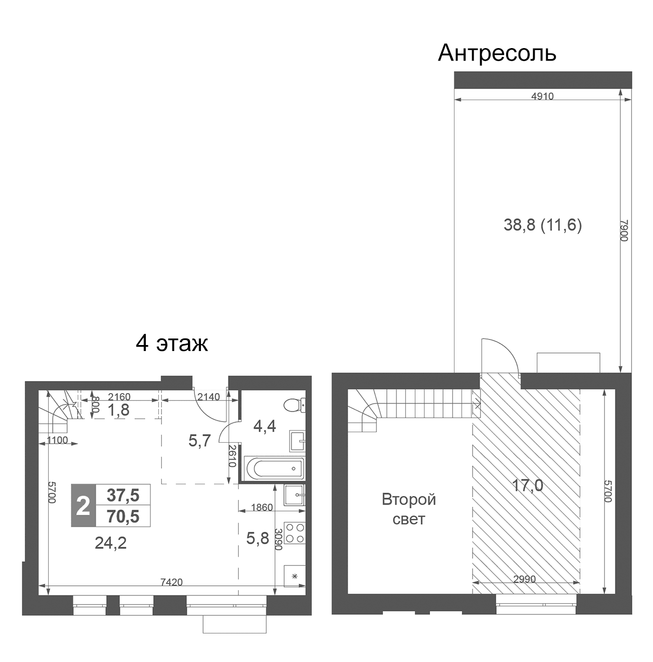 Планировка: 1-комнатная квартира 58,9 м² в ЖК «Дубровицы Клаб»