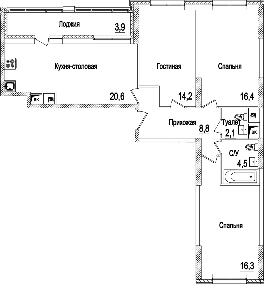 Планировка: Квартира евро-4 82,9 м² в ЖК «Рассказово»