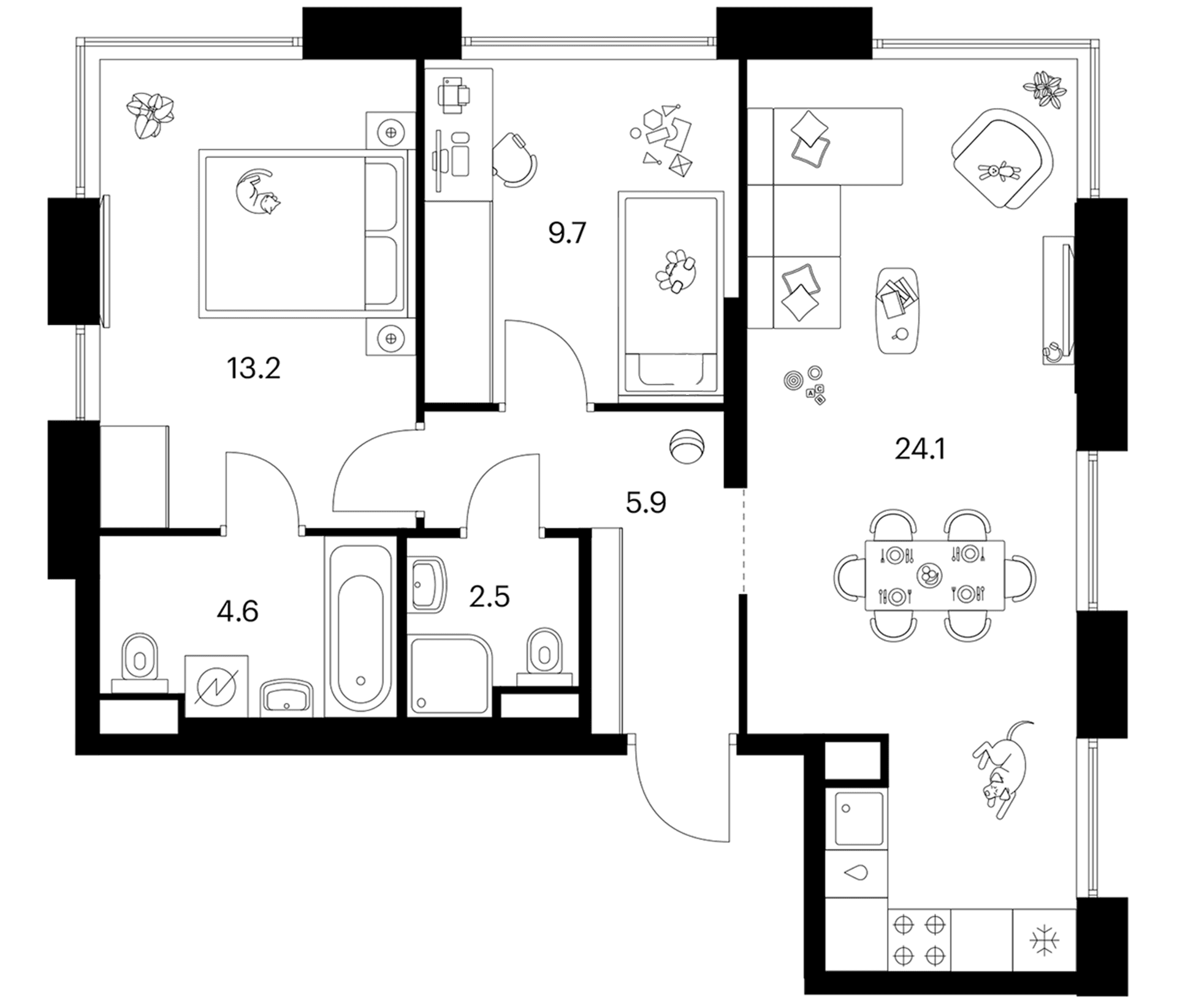 Планировка: 2-комнатная квартира 60 м² в ЖК «Москворечье»