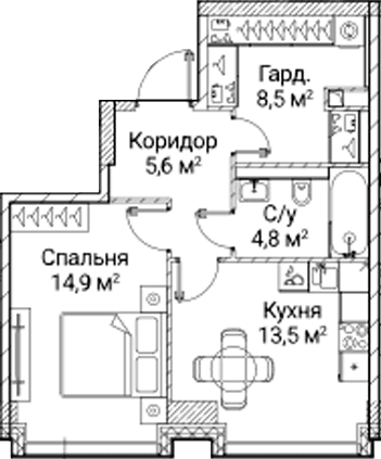 Планировка: 1-комнатная квартира 47,3 м² в ЖК «СЕЗАР БУДУЩЕЕ»