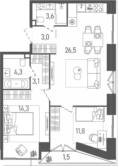 Планировка: Евротрёшка 66,6 м² в ЖК «ТАТУМ»