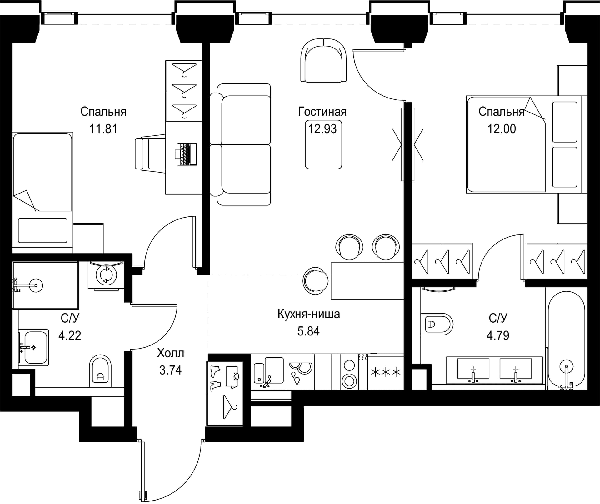 Планировка: Евротрёшка 55,3 м² в ЖК «СЕТ»