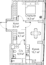 Планировка: 1-комнатная квартира 45,4 м² в ЖК «СЕЗАР БУДУЩЕЕ»
