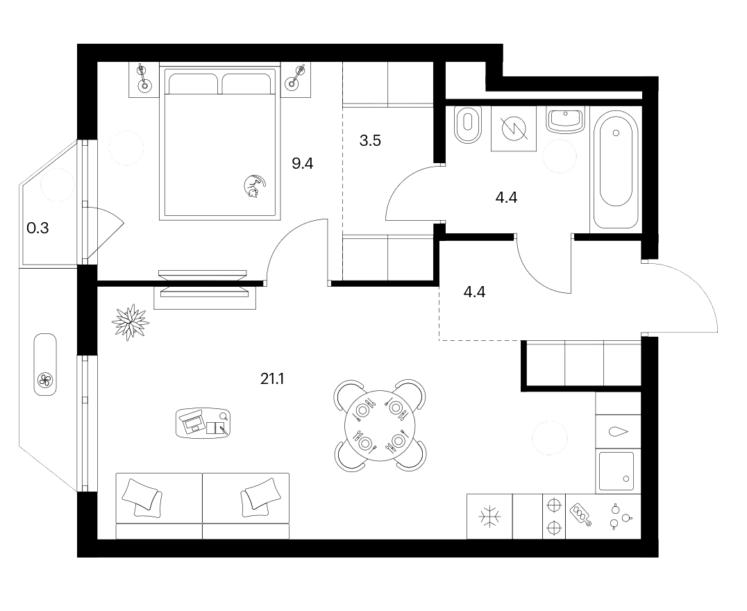 Планировка: 1-комнатная квартира 42,8 м² в ЖК «Зеленый парк»