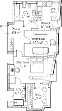 Планировка: 2-комнатная квартира 66,8 м² в ЖК «СЕЗАР БУДУЩЕЕ»