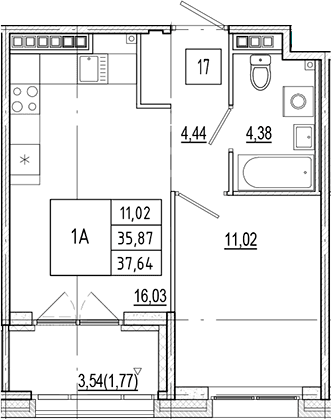 Планировка: Евродвушка 35,9 м² в ЖК «Ranta Residence»