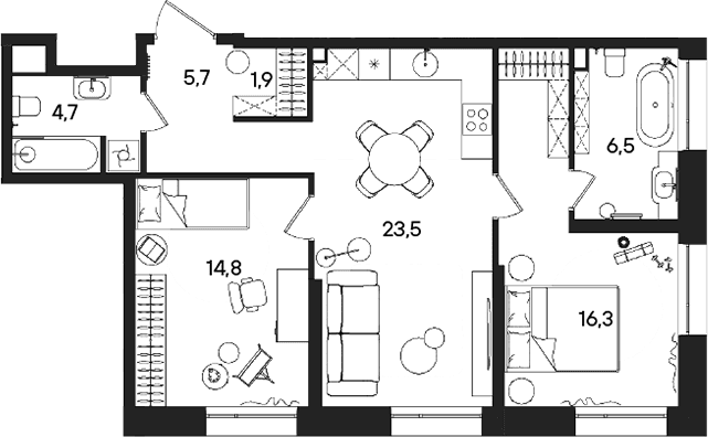 Планировка: Евротрёшка 73,4 м² в ЖК «СТОУН Райз»