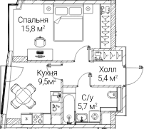 Планировка: 1-комнатная квартира 36 м² в ЖК «СЕЗАР БУДУЩЕЕ»