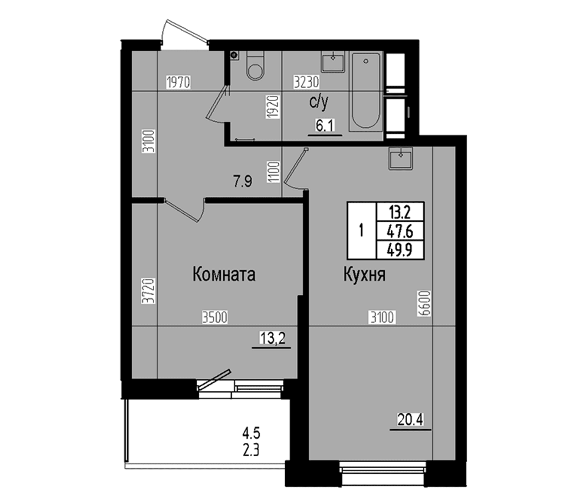 Планировка: Евродвушка 47,6 м² в ЖК «Прагма Сити»