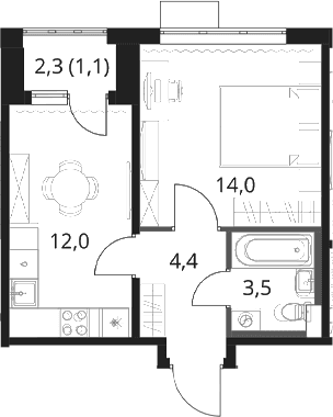 Планировка: 1-комнатная квартира 33,9 м² в ЖК «1-й Шереметьевский»
