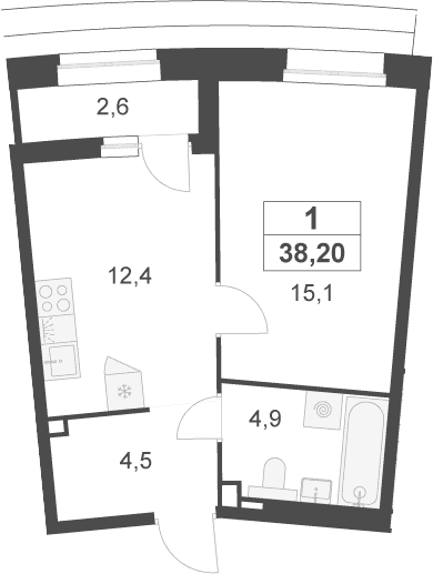 Планировка: 1-комнатная квартира 36,9 м² в ЖК «Деснаречье»