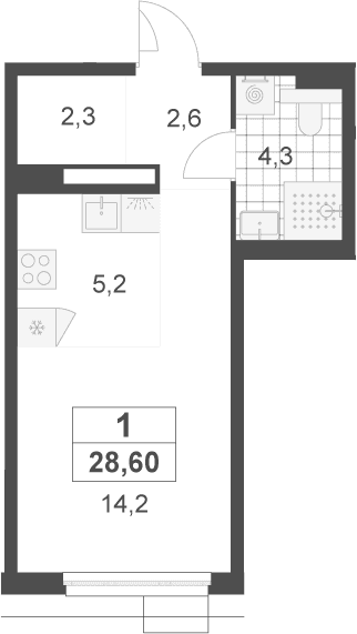 Планировка: Студия 28,6 м² в ЖК «Скандинавия»