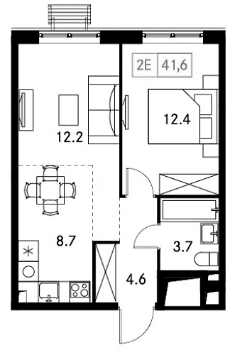 Планировка: Евродвушка 41,6 м² в ЖК «Новый Зеленоград»