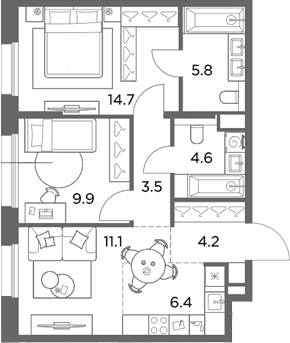 Планировка: Евротрёшка 60,2 м² в ЖК «Станиславский»