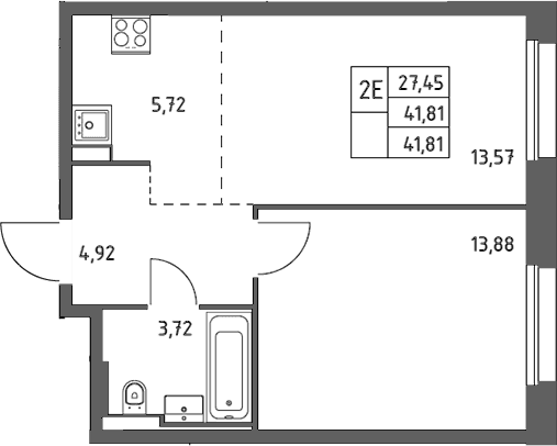 Планировка: Евродвушка 41,8 м² в ЖК «Заречье Парк»