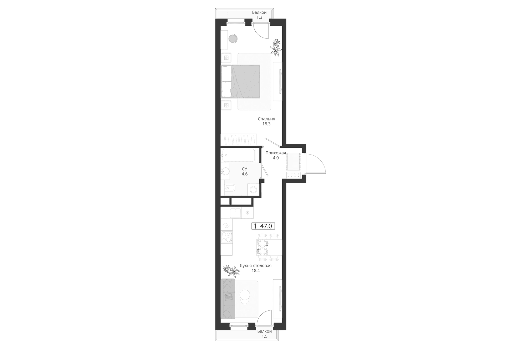 Планировка: Евродвушка 46,2 м² в ЖК «ГРЭЙ»