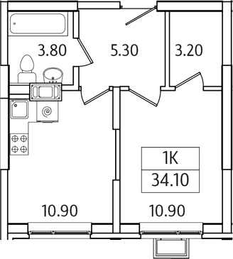 Планировка: 1-комнатная квартира 34,1 м² в ЖК «Видный Берег 2.0»